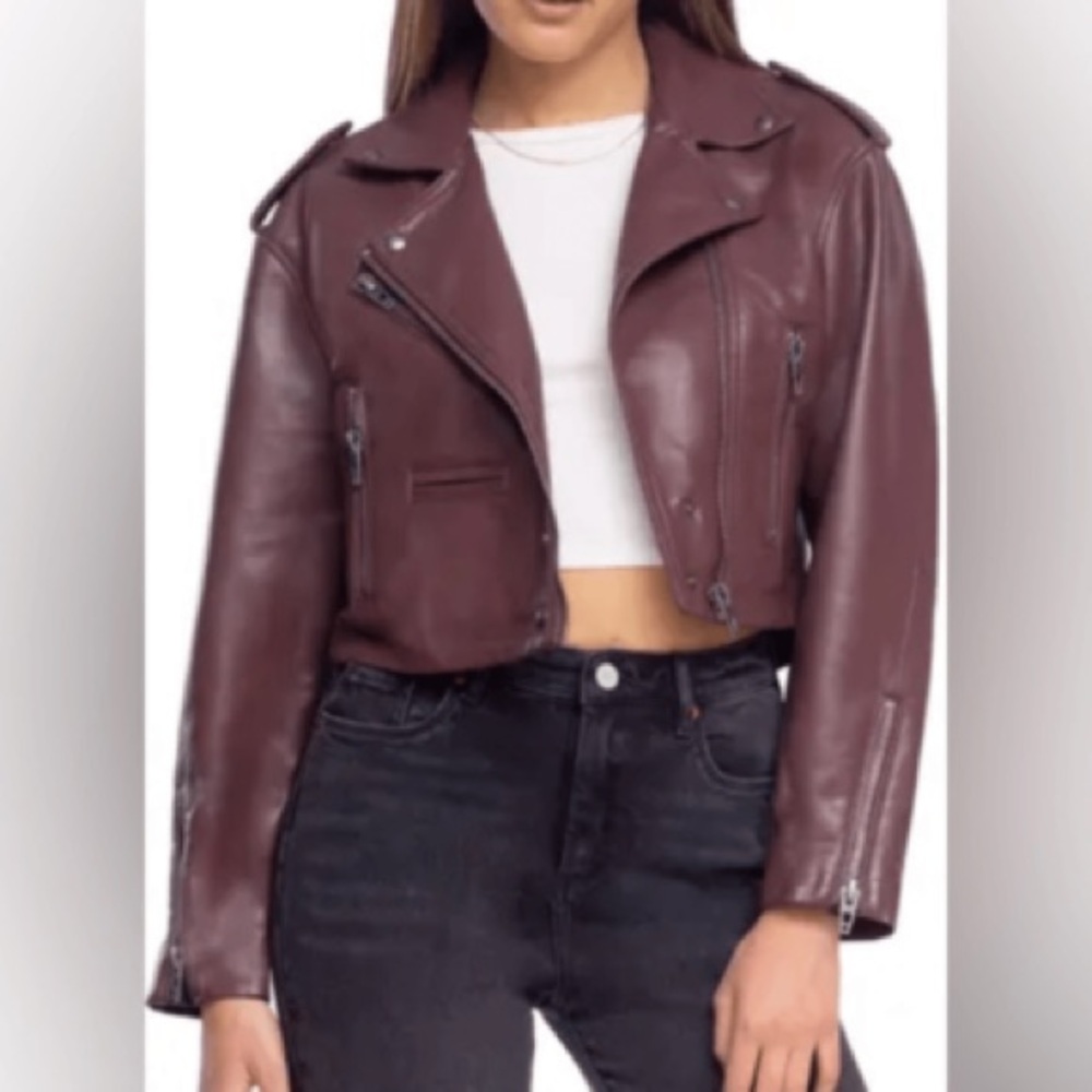 Blank NYC Brown Leather Jacket Asymmetrical Zipper  snap button Moto Style EUC